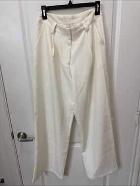 Olivaceous Wide-Leg Cream Trousers with Pleated Front